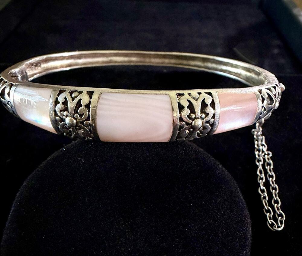 Signed 925 Sterling Silver Hinged Bangle Bracelet, Pink Inlay, Safety Chain